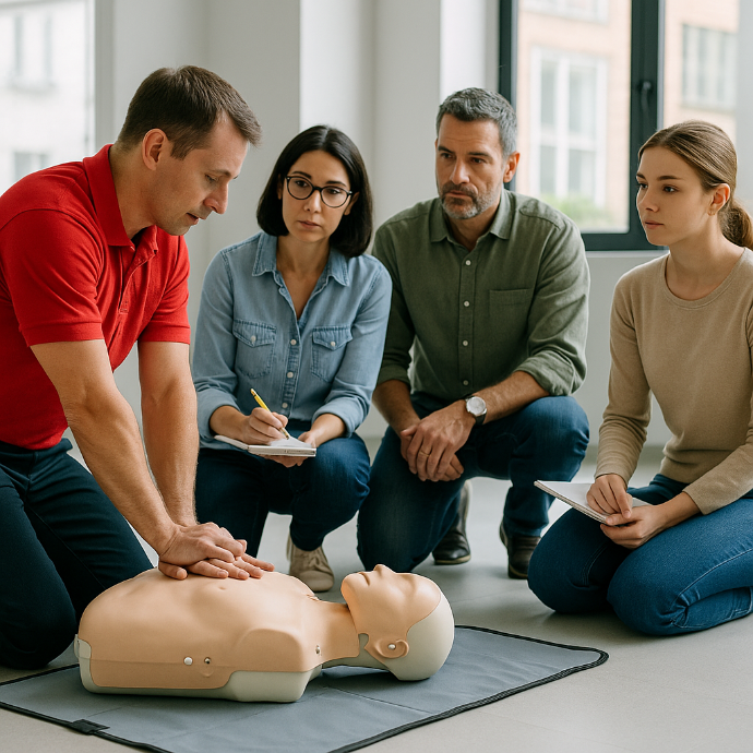 Groupe de personnes à genoux avec un mannequin pour faire la réanimation