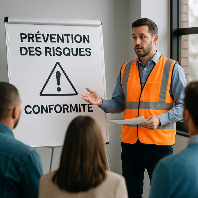 Groupe de personnes devant un tableau avec un formateur qui explique les analyses de risques